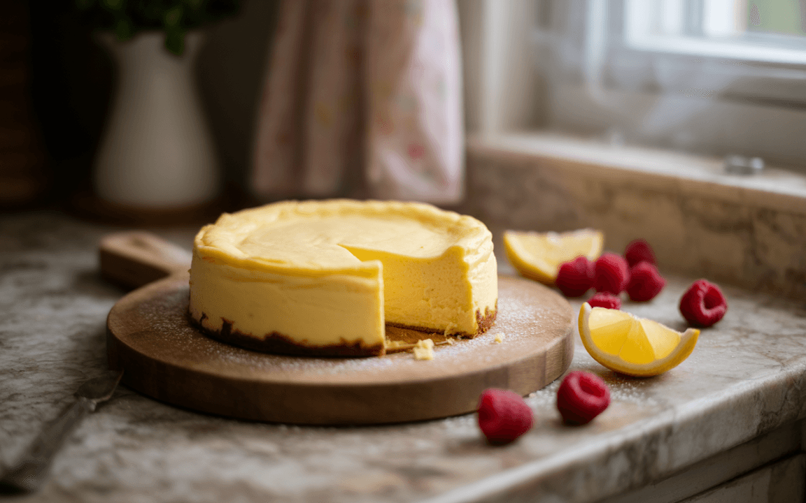 Gâteau au fromage crémeux sur une planche en bois, décoré de framboises et de quartiers de citron. Fond de cuisine lumineux.