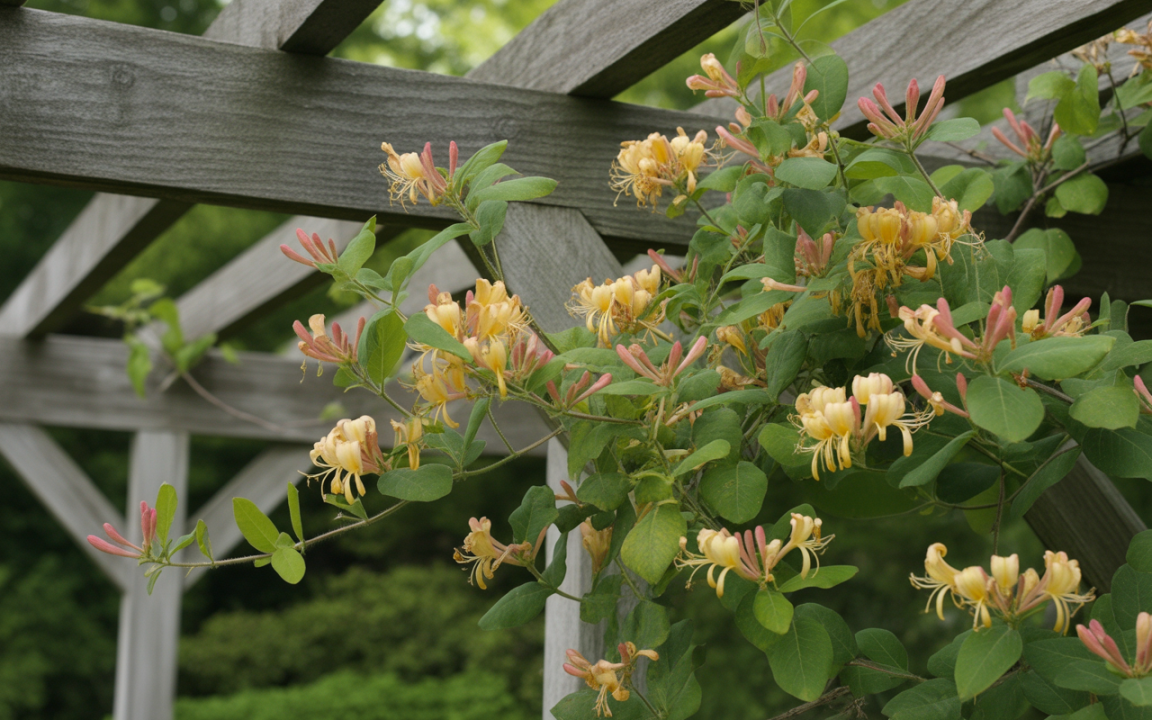 Fleurs jaunes et roses grimpant sur une pergola en bois, entourées de verdure, créant une atmosphère paisible et naturelle.