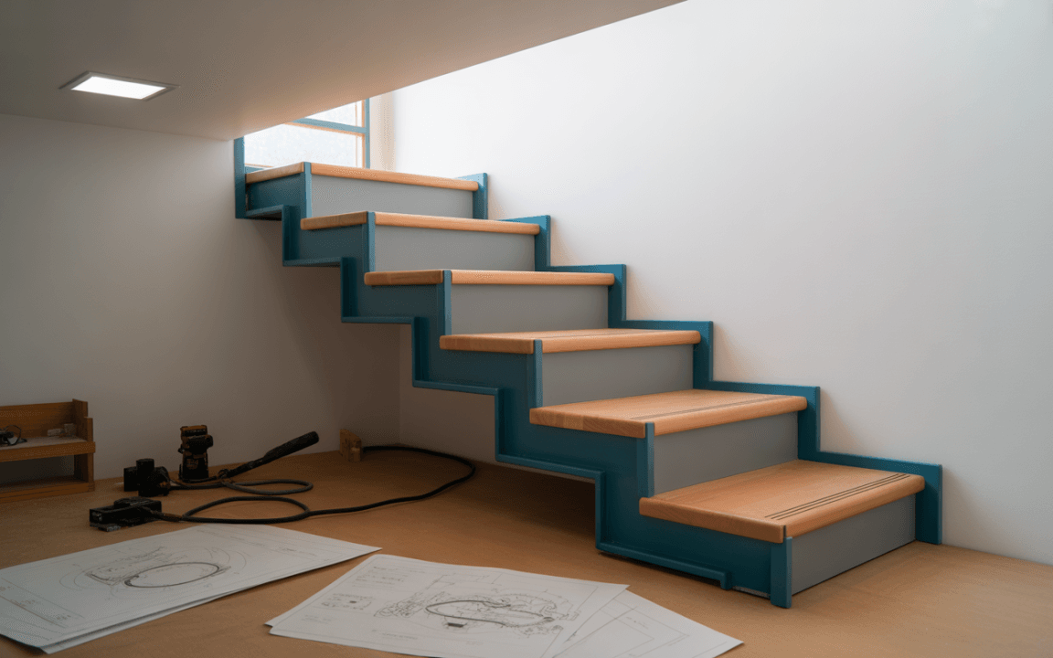 Escalier moderne avec marches en bois clair et contremarches bleues, éclairage naturel et plans de construction visible au sol.
