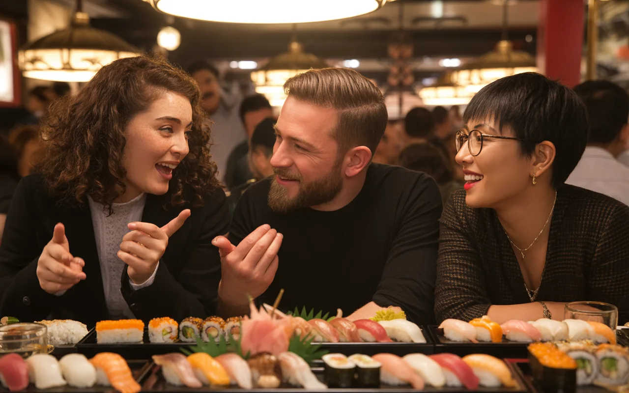 Trois amis rient et discutent autour d'une table remplie de sushis dans un restaurant animé.