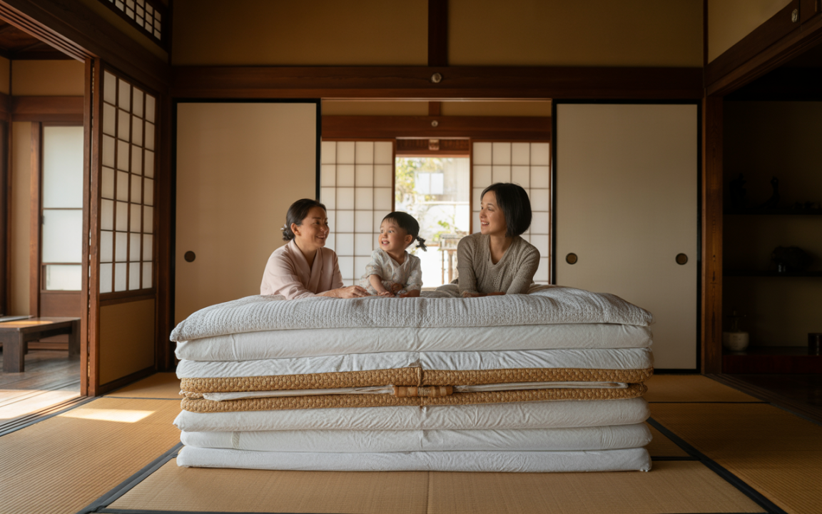 Trois femmes, dont une enfant, rient ensemble autour d'un tas de futons dans un intérieur japonais traditionnel.