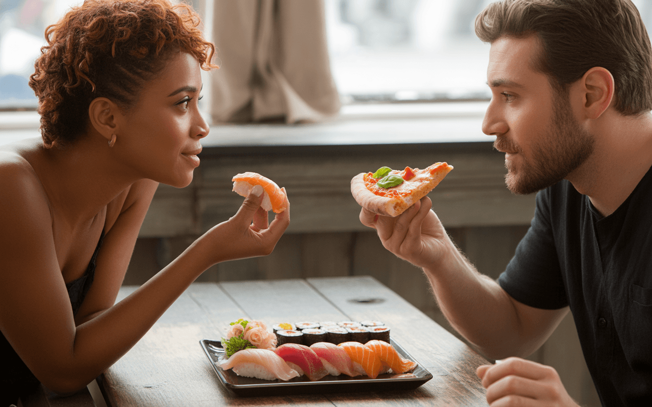 Un homme et une femme se regardent en tenant respectivement une part de pizza et un sushi, avec une assiette de sushi devant eux.
