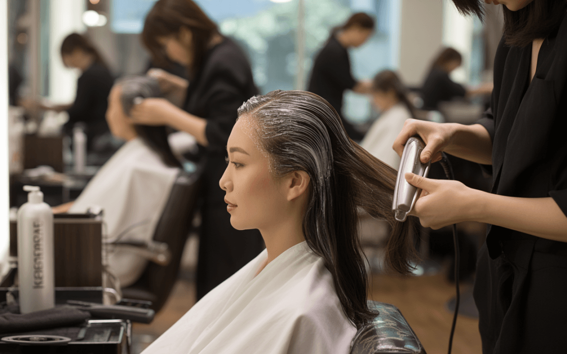 Une femme se fait coiffer dans un salon, tandis qu'un stylist utilise un lisseur sur ses cheveux. D’autres clientes sont en arrière-plan.