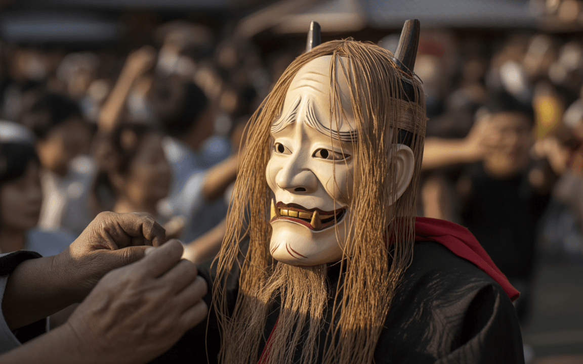 Masque traditionnel avec longs cheveux et détails fins, porté par une personne au milieu d'une foule animée.