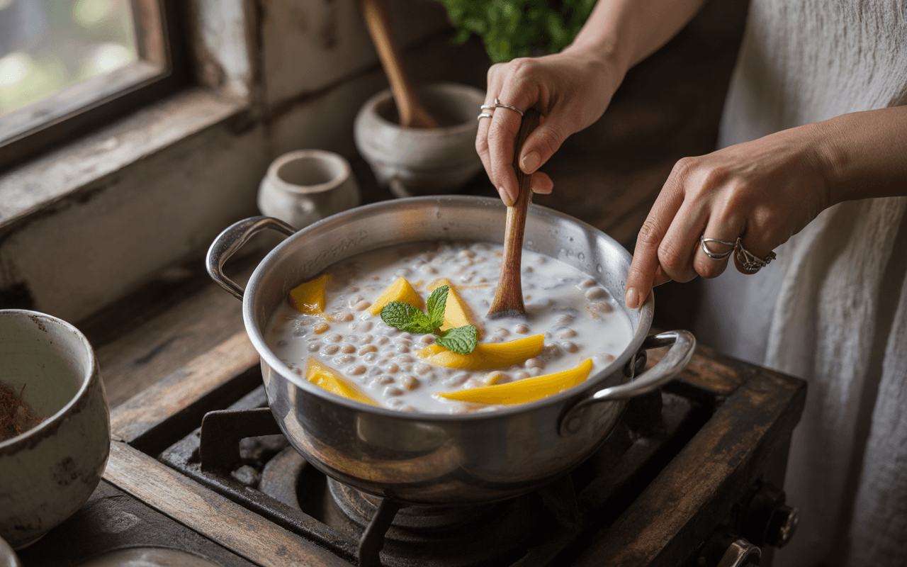 Une main remue un pot de dessert crémeux avec des morceaux de mangue et de la menthe, sur une cuisinière en bois.