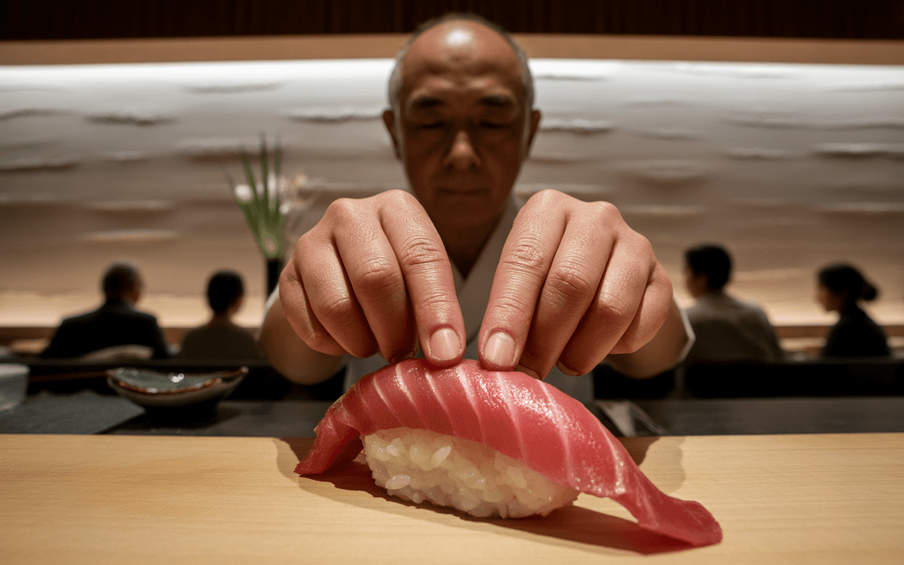 Un chef prépare délicatement un sushi en plaçant du thon rouge sur du riz, avec des clients en arrière-plan.