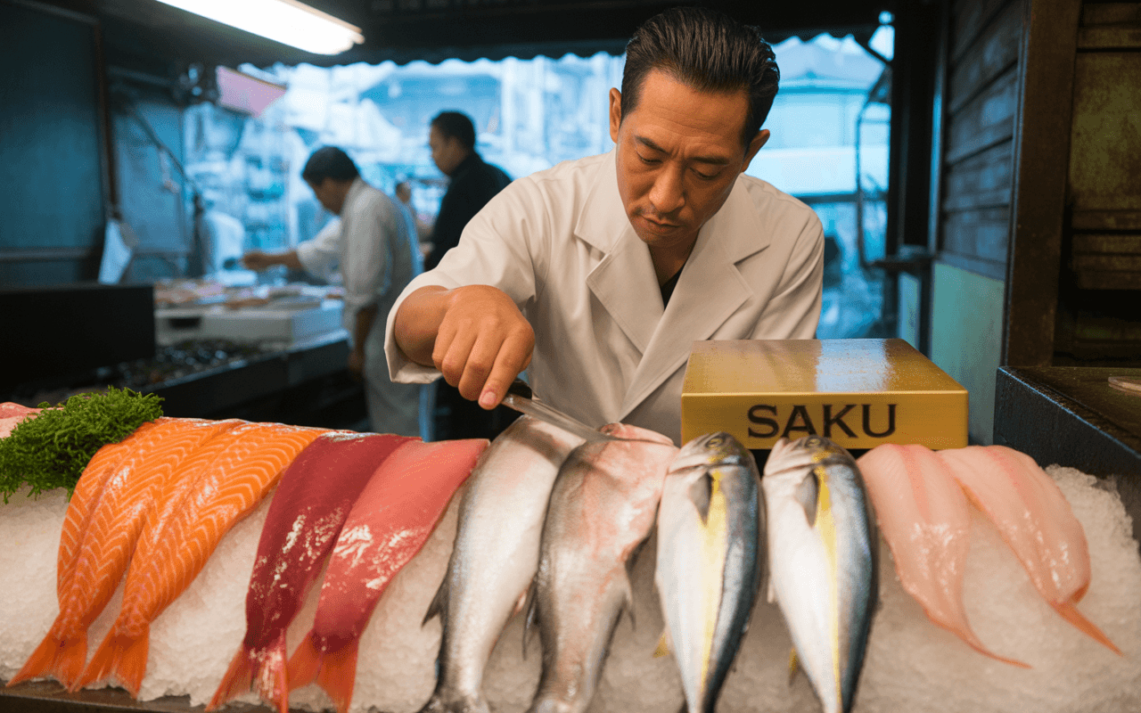 Un chef prépare du poisson frais dans un marché, avec une variété de poissons sur un lit de glace. Étal d'un magasin de sushis.