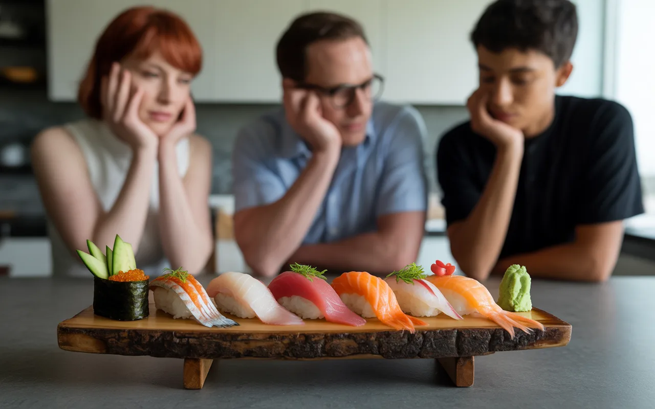 Trois personnes admirent un plateau de sushi coloré, avec des garnitures de wasabi et algues, dans une cuisine moderne.