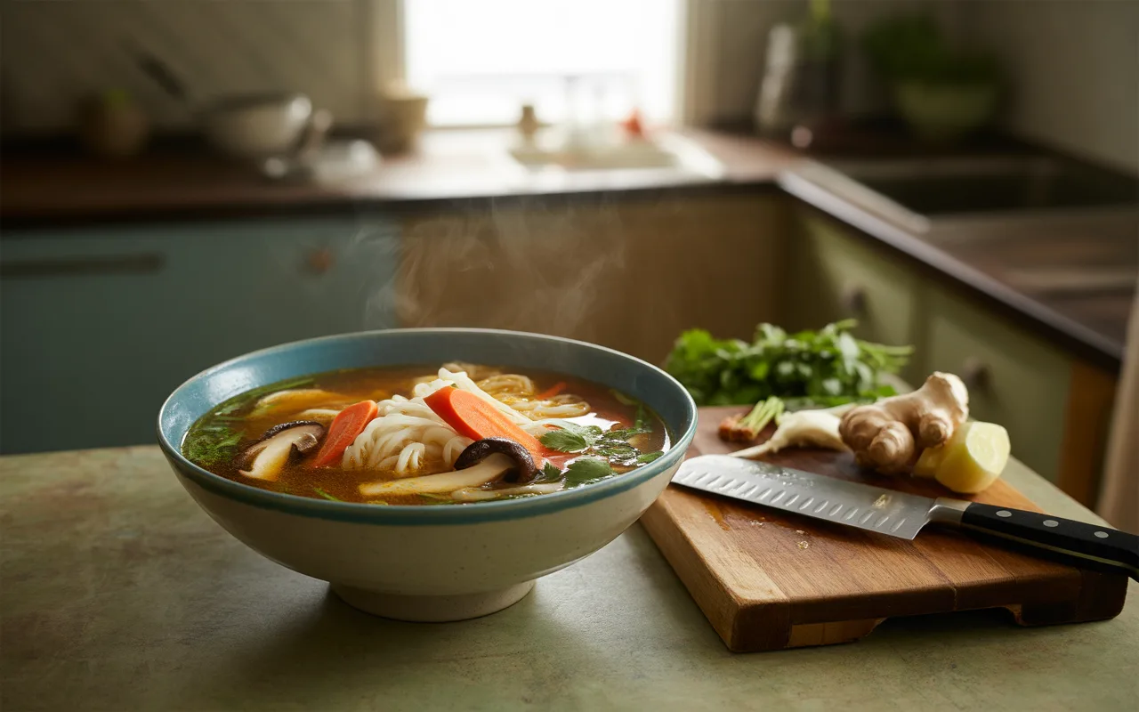 Bol de soupe fumante avec nouilles, légumes, et herbes, à côté d'une planche de bois avec un couteau, du gingembre et du citron.