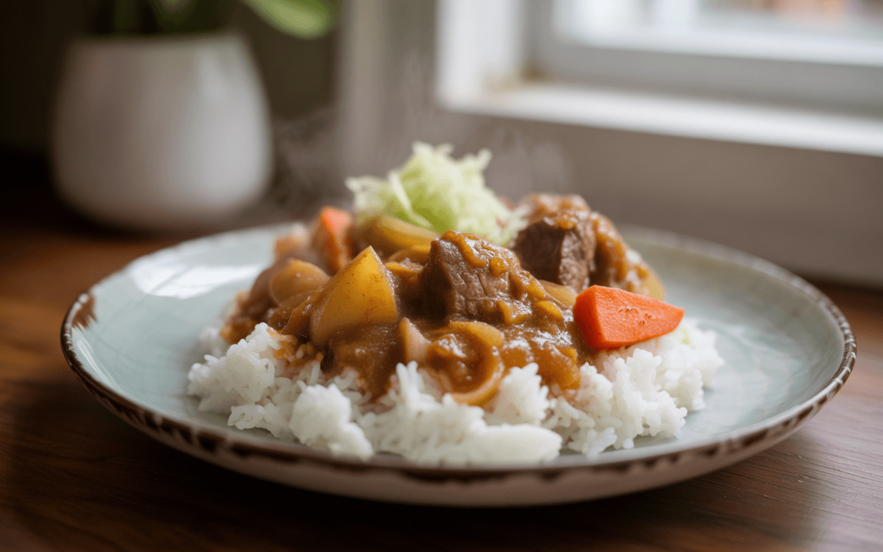 Plat de riz blanc avec un curry de viande, pommes de terre et carottes, fumant, servi dans une assiette moderne.