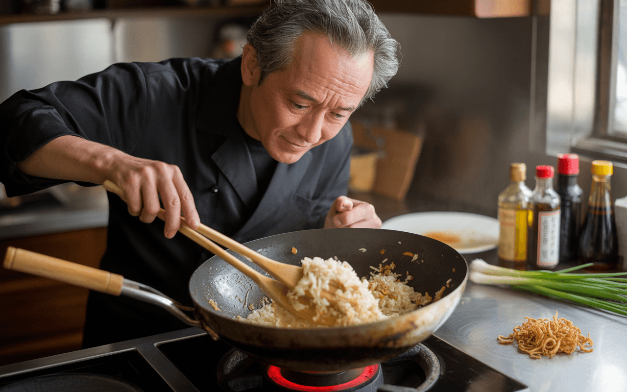Un chef cuisine du riz dans un wok, utilisant des baguettes, entouré d'ingrédients variés dans une cuisine moderne.