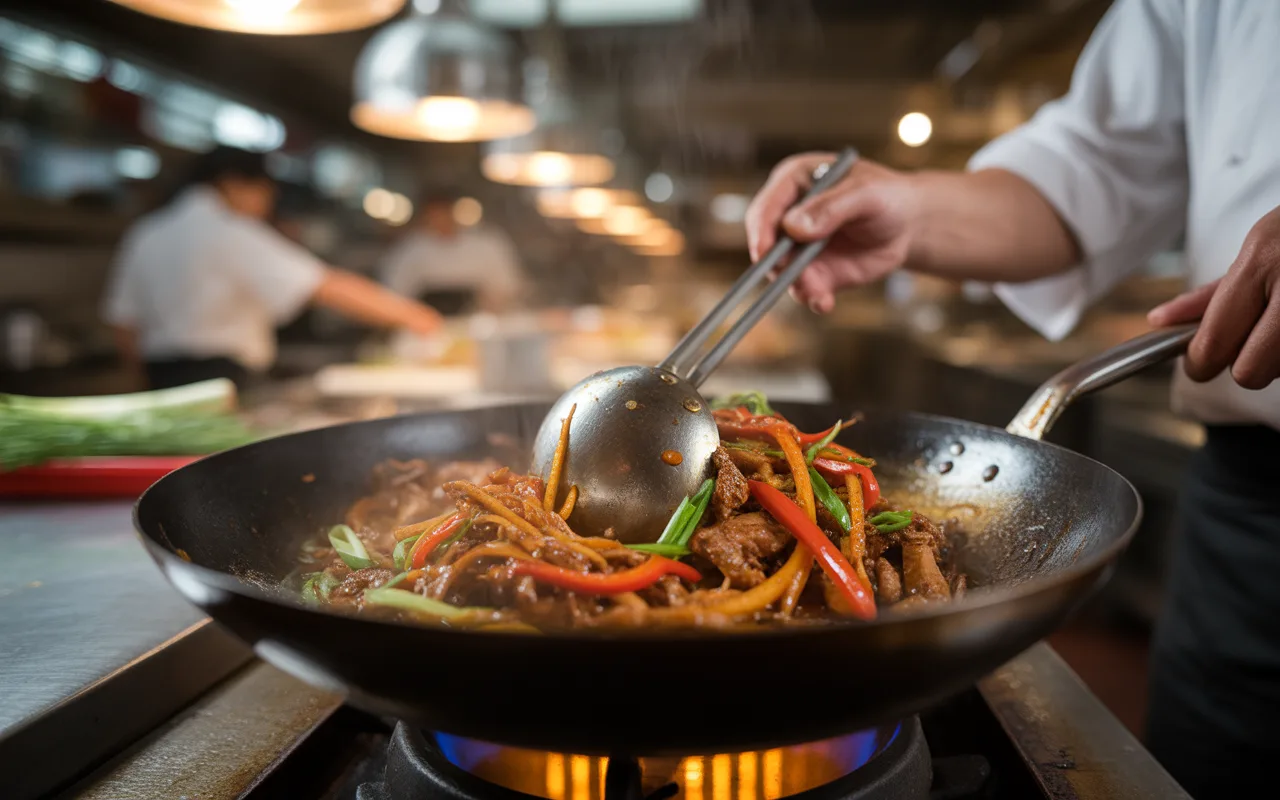 Un chef cuisine dans une cuisine professionnelle, sautant des légumes colorés et de la viande dans un wok sur un feu vif.