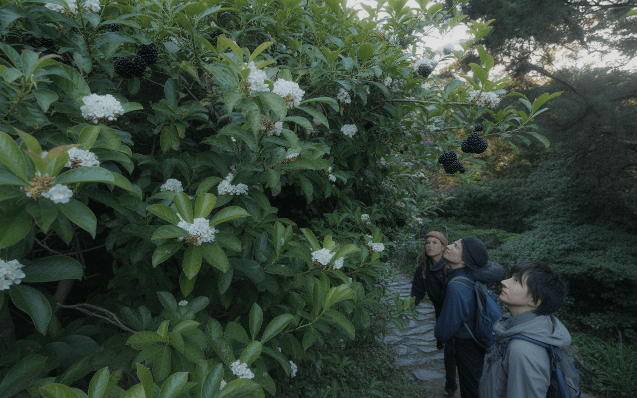 Trois personnes explorent un sentier, admirant un buisson avec des fleurs blanches et des baies noires.