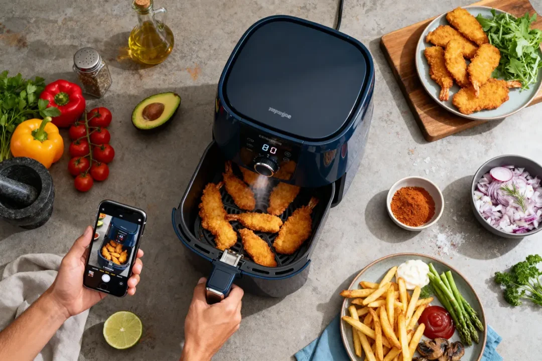 Personne prenant en photo des crevettes panées dans une friteuse à air avec téléphone, légumes en arrière-plan.