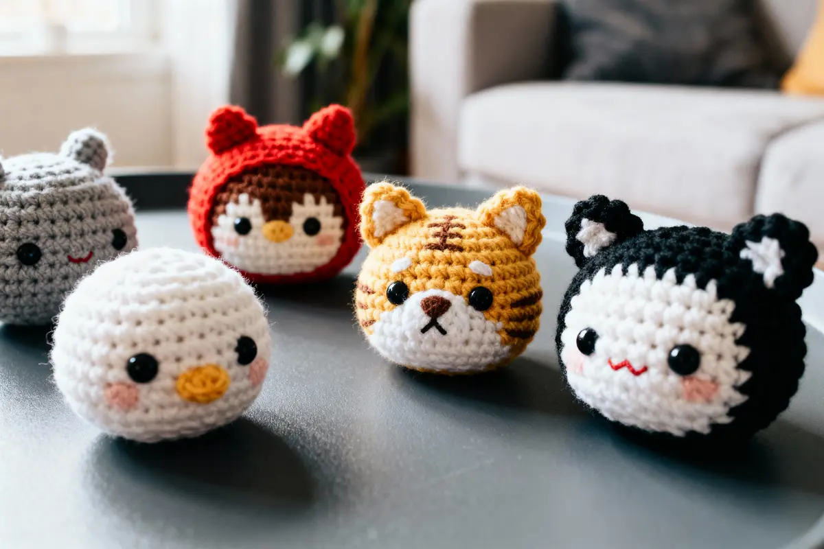 Cinq peluches tricotées mignonnes en forme d'animaux, posées sur une table dans un salon.