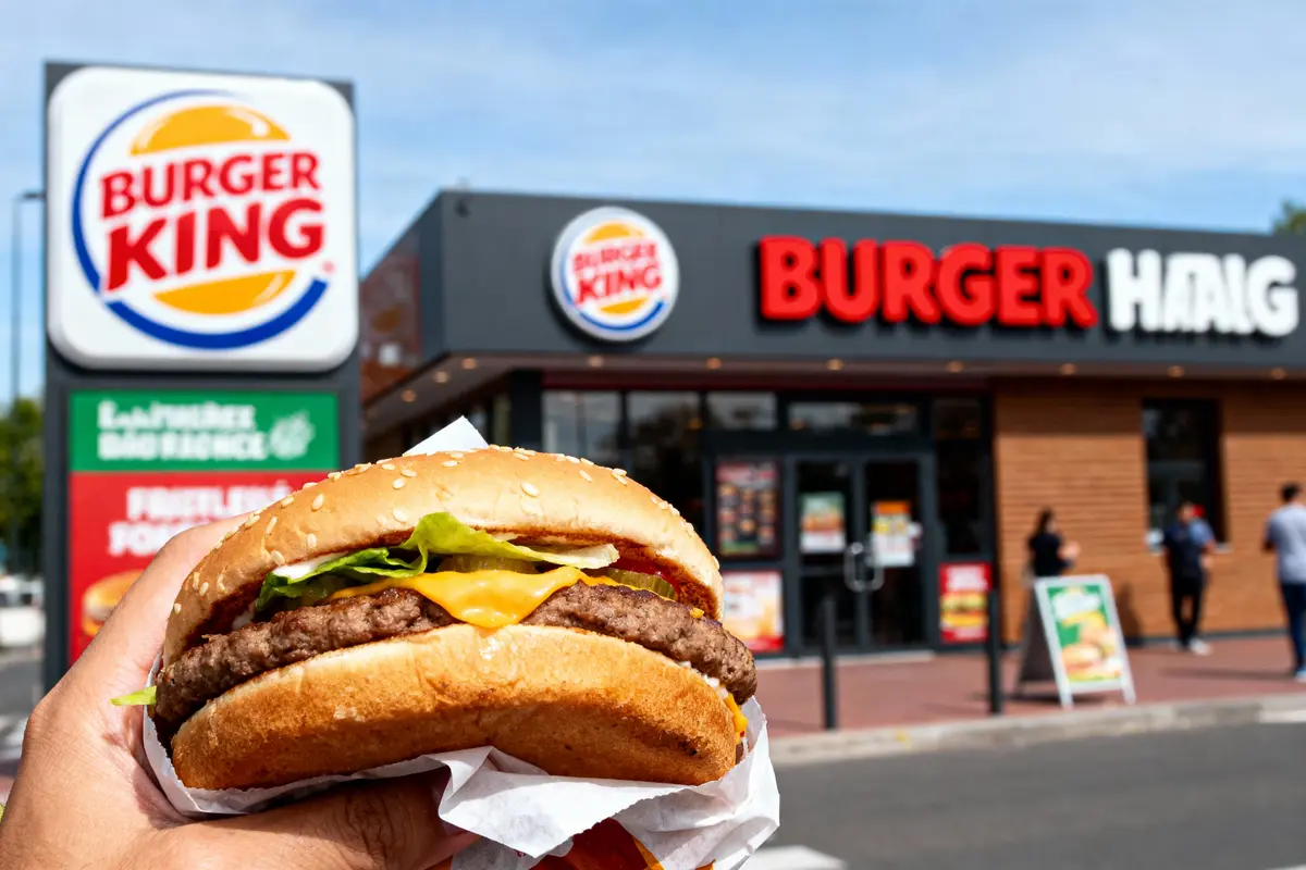 Un hamburger devant un restaurant Burger King, avec des personnes entrant.