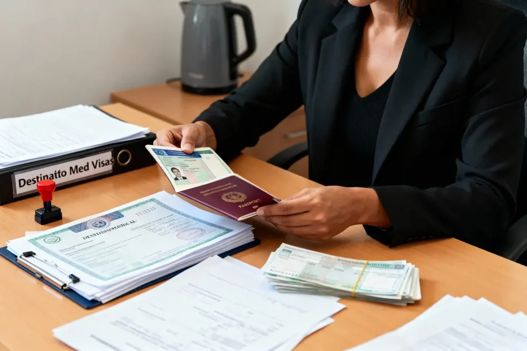 Personne vérifiant un passeport et des documents de visa sur un bureau avec papiers et tampon rouge.