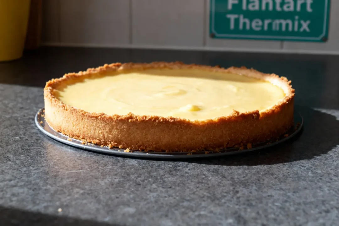 Tarte au citron sur un plan de travail gris, éclairée par la lumière naturelle.