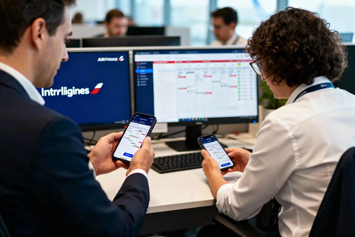 Deux personnes utilisant des smartphones devant des écrans d'ordinateurs dans un bureau. Application de gestion visible.