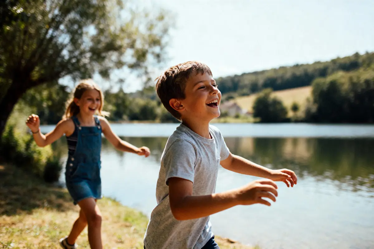 Deux enfants rigolent en courant près d'un lac, entourés de nature verdoyante par une journée ensoleillée.