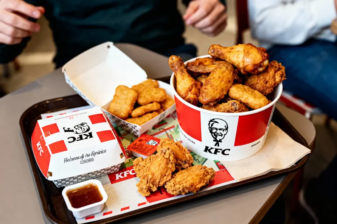 Seau de poulet frit KFC, nuggets, boîte, sauce sur plateau. Mains visibles, ambiance de restaurant.