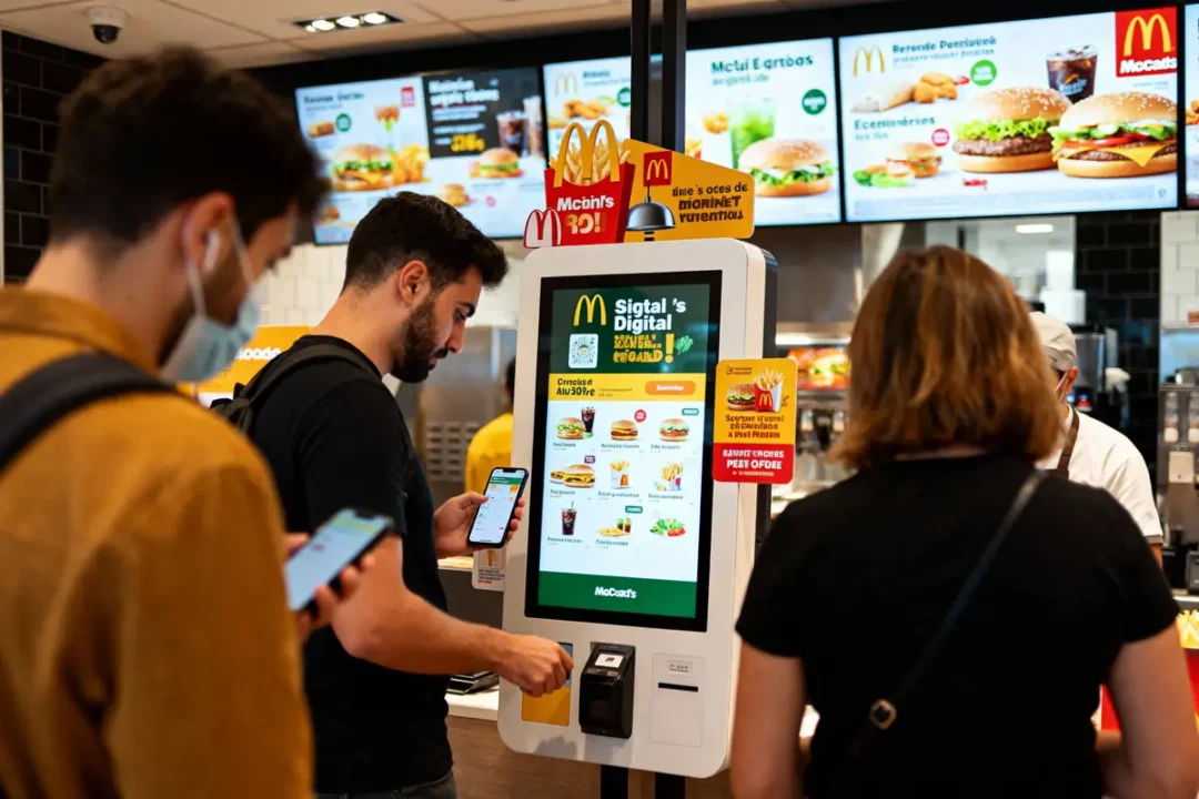 Personnes utilisant une borne de commande numérique dans un restaurant McDonald's, utilisant leurs smartphones. Menu visible en arrière-plan.