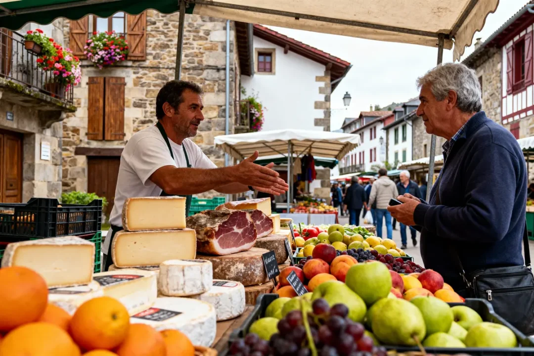 Marché en plein air avec vendeur de fromages et charcuterie, client et fruits exposés.