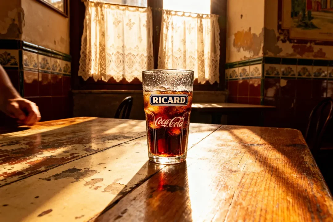 Verre de boisson sur table en bois, lumière du soleil, rideaux en arrière-plan, ambiance rétro.