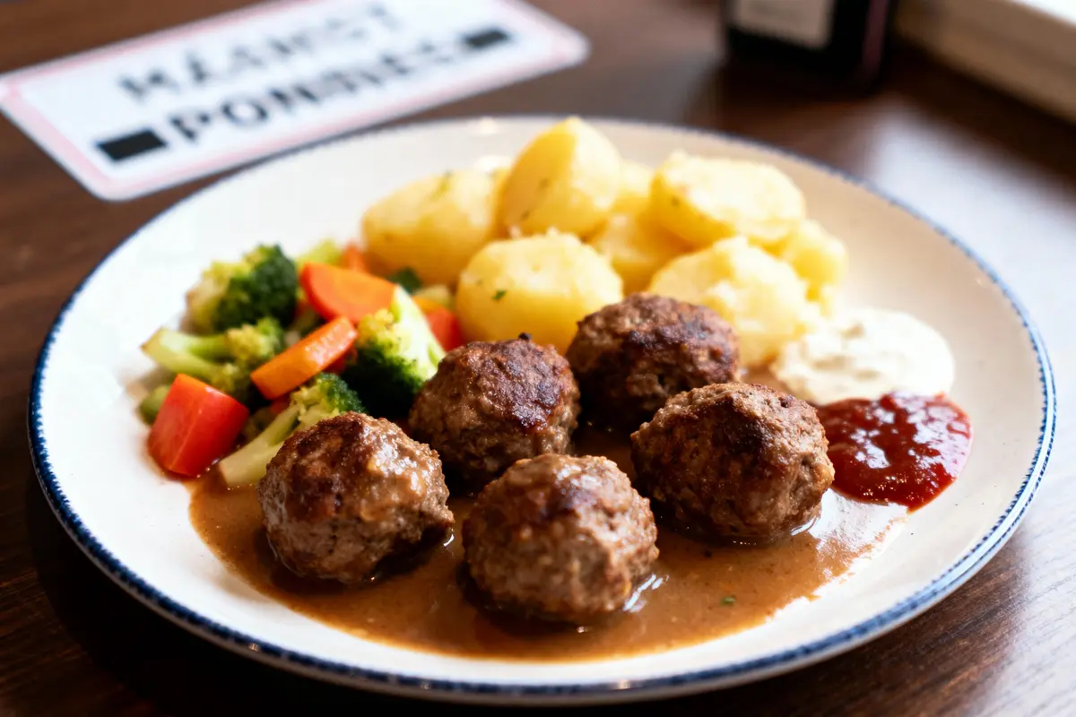 Assiette de boulettes de viande, légumes, pommes de terre, sauce brune, rouge et blanche, servie sur table.