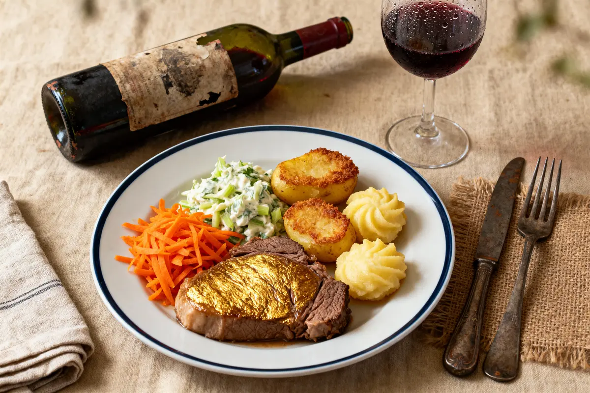 Assiette avec viande dorée, légumes, pommes de terre, verre de vin rouge et bouteille ancienne.