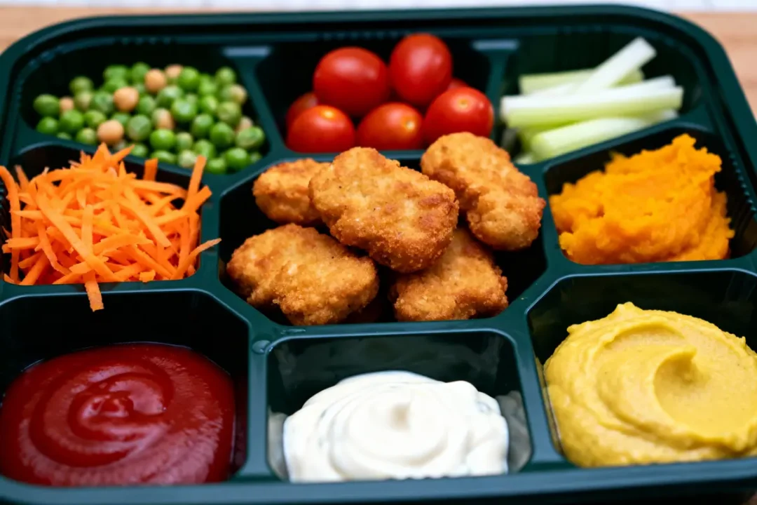 Plateau repas avec nuggets de poulet, légumes variés, purées et sauces assorties. Compartiments séparés.