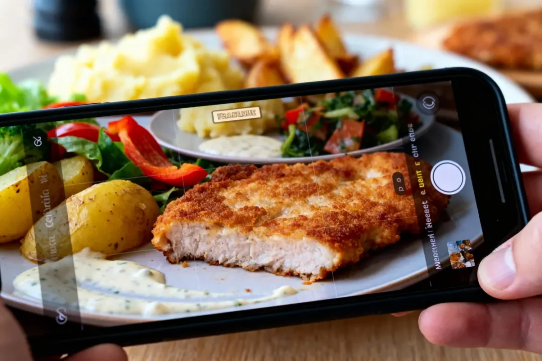 Photographie d'un plat de schnitzel, pommes de terre, salade, vue à travers l'écran d'un smartphone.