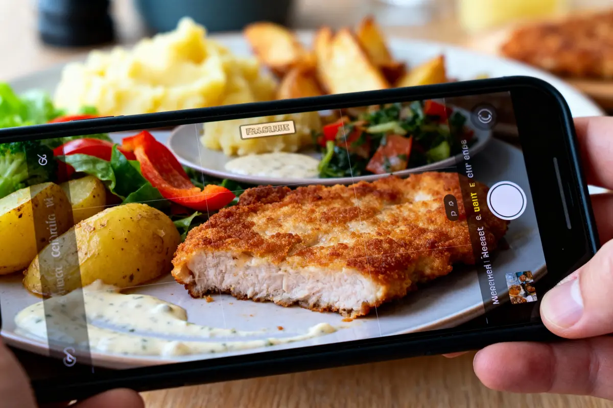 Photographie d'un plat de schnitzel, pommes de terre, salade, vue à travers l'écran d'un smartphone.