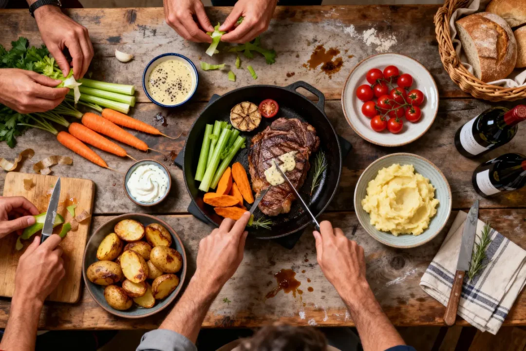 Repas convivial avec steak, légumes frais, purée, pommes de terre, tomates cerises, vin rouge et pain sur table en bois.