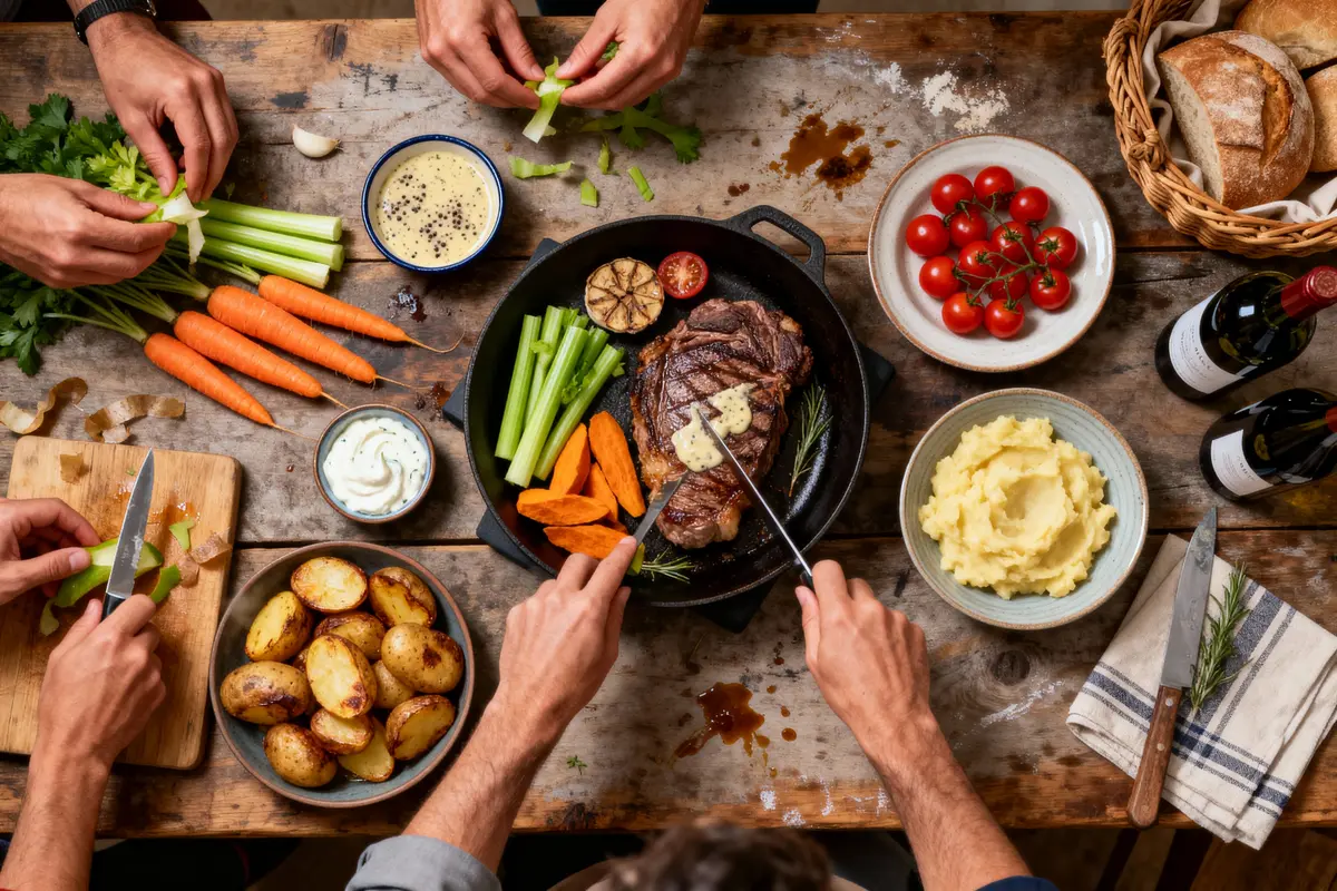 Repas convivial avec steak, légumes frais, purée, pommes de terre, tomates cerises, vin rouge et pain sur table en bois.