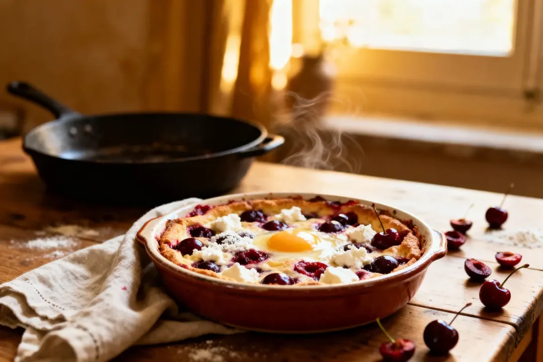 Tarte aux cerises avec œuf au centre, fromage frais, sur une table en bois, près d'une poêle.