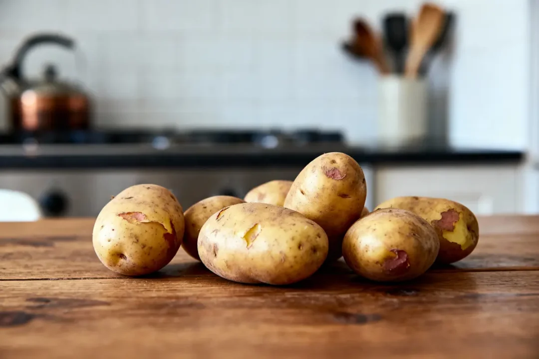 Pommes de terre entières posées sur une table en bois, cuisine floue en arrière-plan.