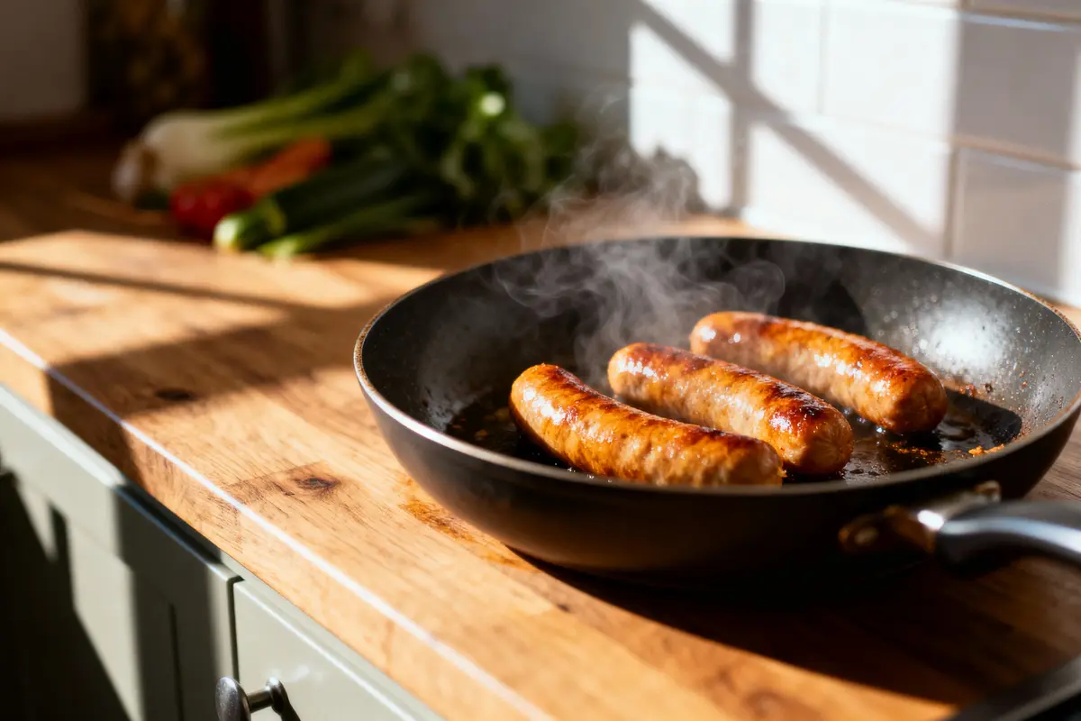 Saucisses grillées dans une poêle noire avec vapeur, sur un plan de travail en bois, légumes flous en arrière-plan.
