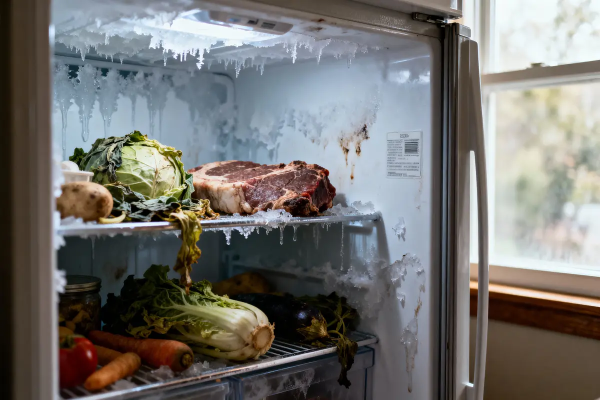 Réfrigérateur givré avec aliments détériorés : viande, chou, légumes. Environnement négligé, accumulation de givre, fenêtre ouverte.