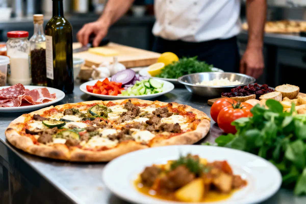 Cuisine avec pizza garnie de viande, légumes frais, ingrédients variés sur table en acier inoxydable, chef en arrière-plan.