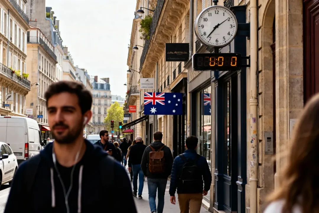 Rue animée avec drapeau australien, horloge, passants flous, bâtiments parisiens et ciel dégagé.