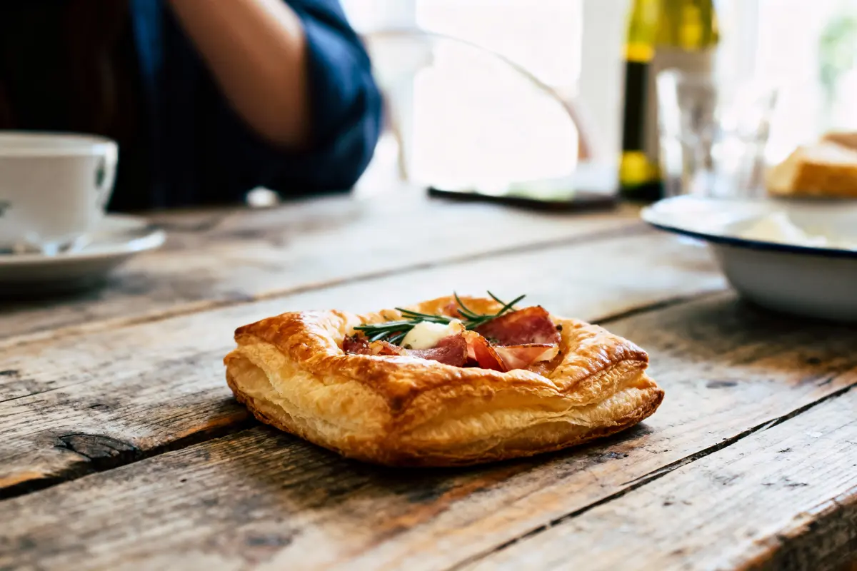 Pâtisserie feuilletée garnie de jambon et herbes, sur table en bois, avec tasse et bouteille floues en arrière-plan.