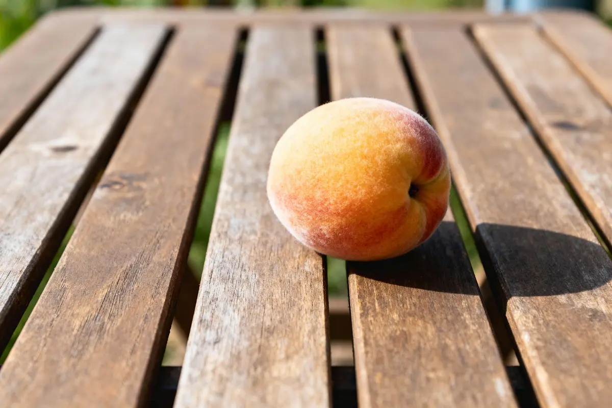 Une pêche posée sur une table en bois en plein air, éclairée par le soleil.