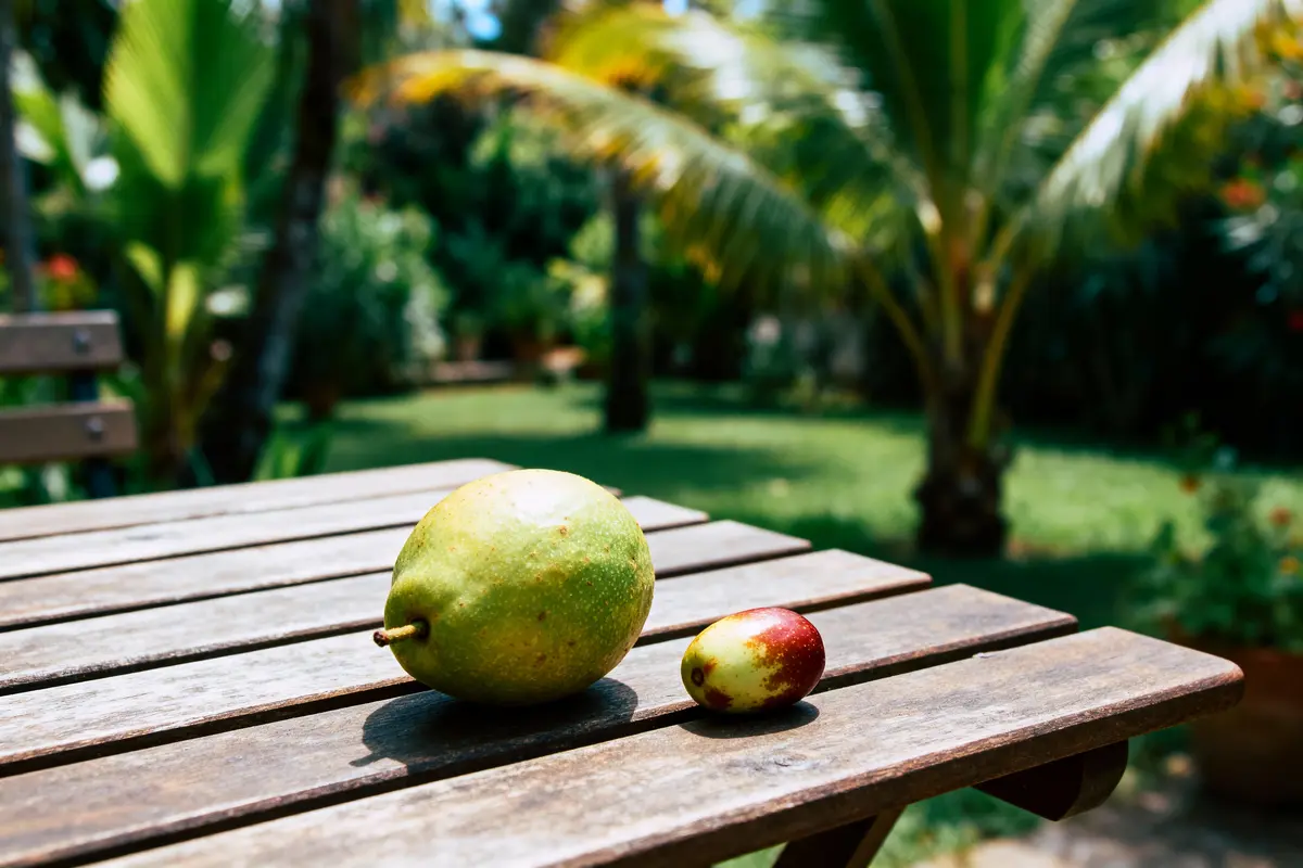 Deux fruits, un gros vert et un petit rouge, sur table en bois, fond de jardin tropical flou.