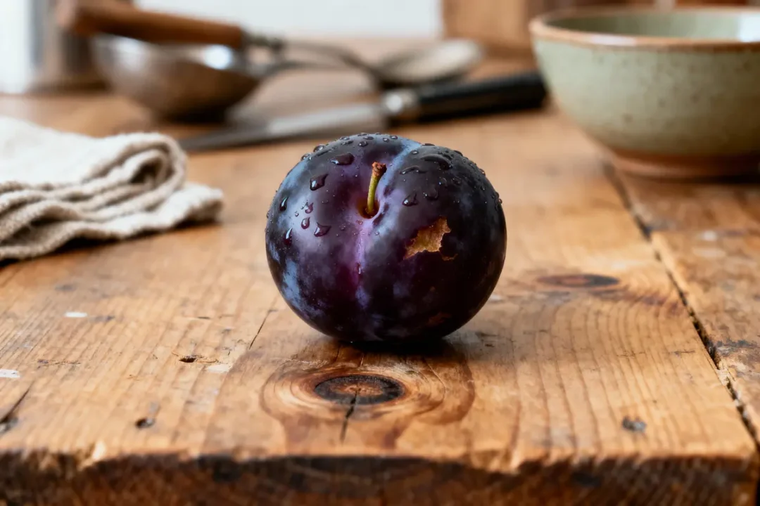 Prune bleue avec gouttes d'eau sur table en bois, ustensiles flous en arrière-plan.
