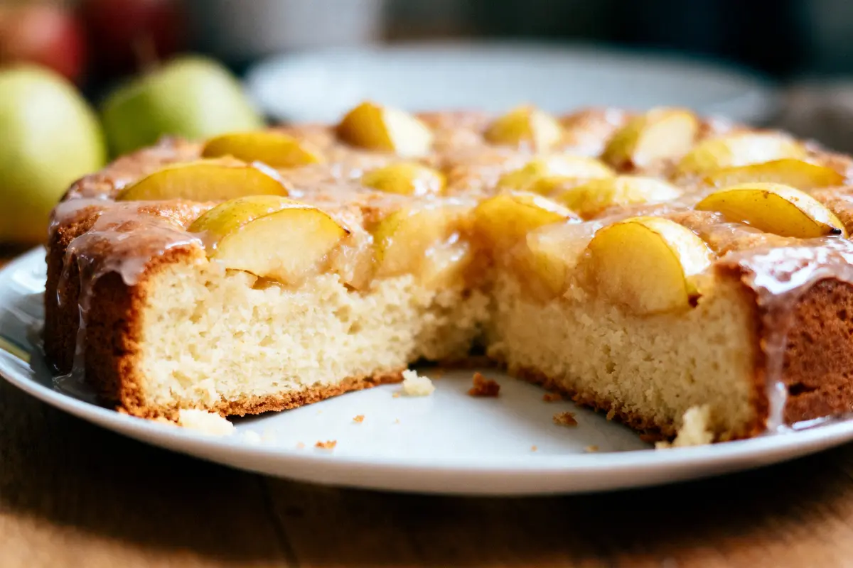 Gâteau aux pommes tranché, nappé de glaçage, posé sur une assiette blanche, pommes vertes floues en arrière-plan.