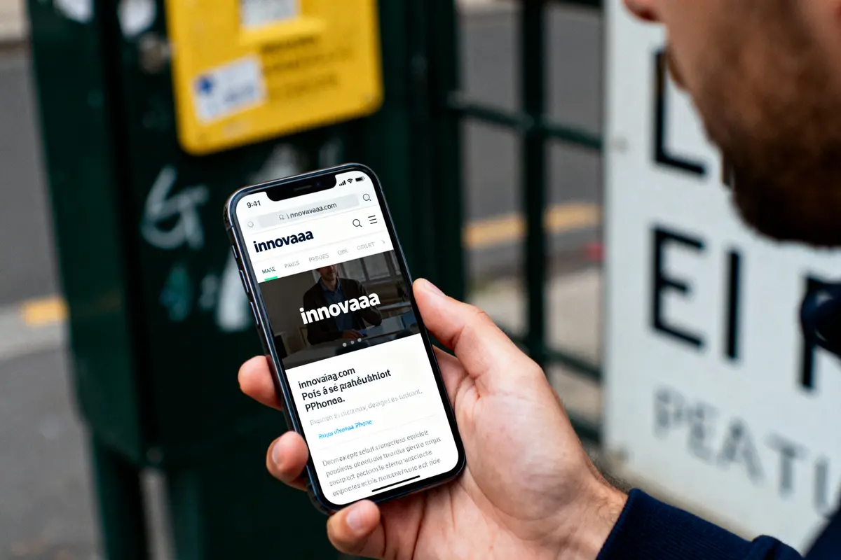 Un homme tient un smartphone affichant un site web nommé "innovaaa" dans une rue urbaine.