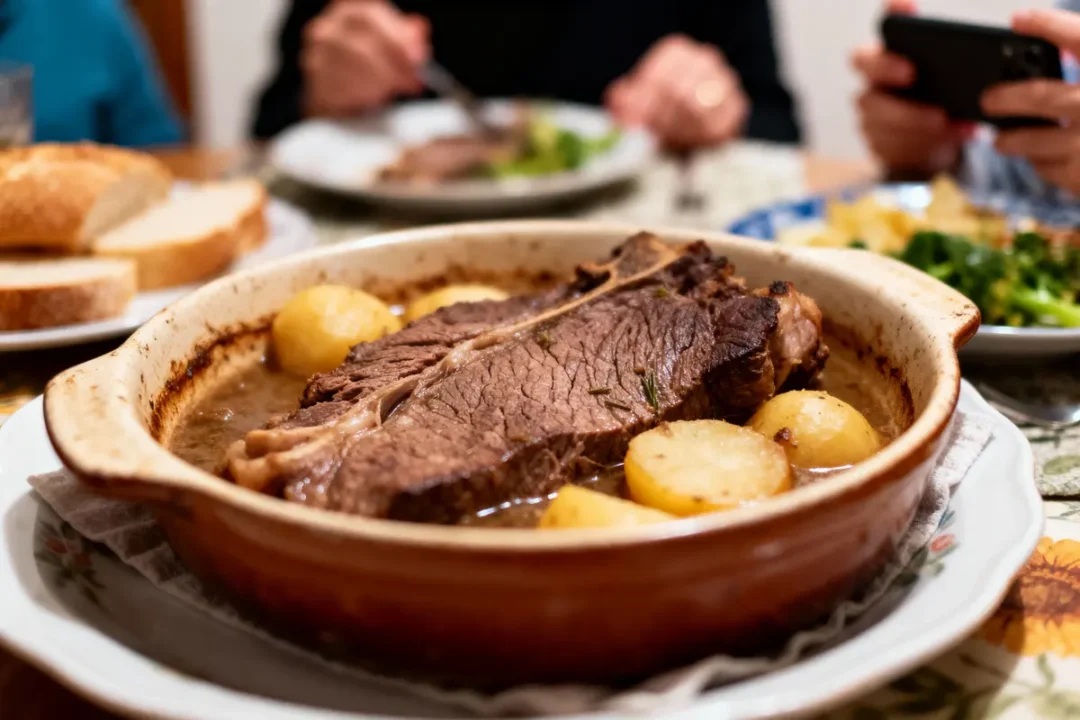 Plat de viande et pommes de terre dans un plat en terre cuite, avec des personnes en arrière-plan.