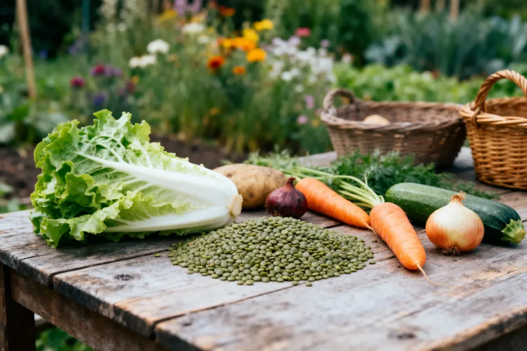 Légumes frais et lentilles sur table en bois dans un jardin fleuri en arrière-plan.