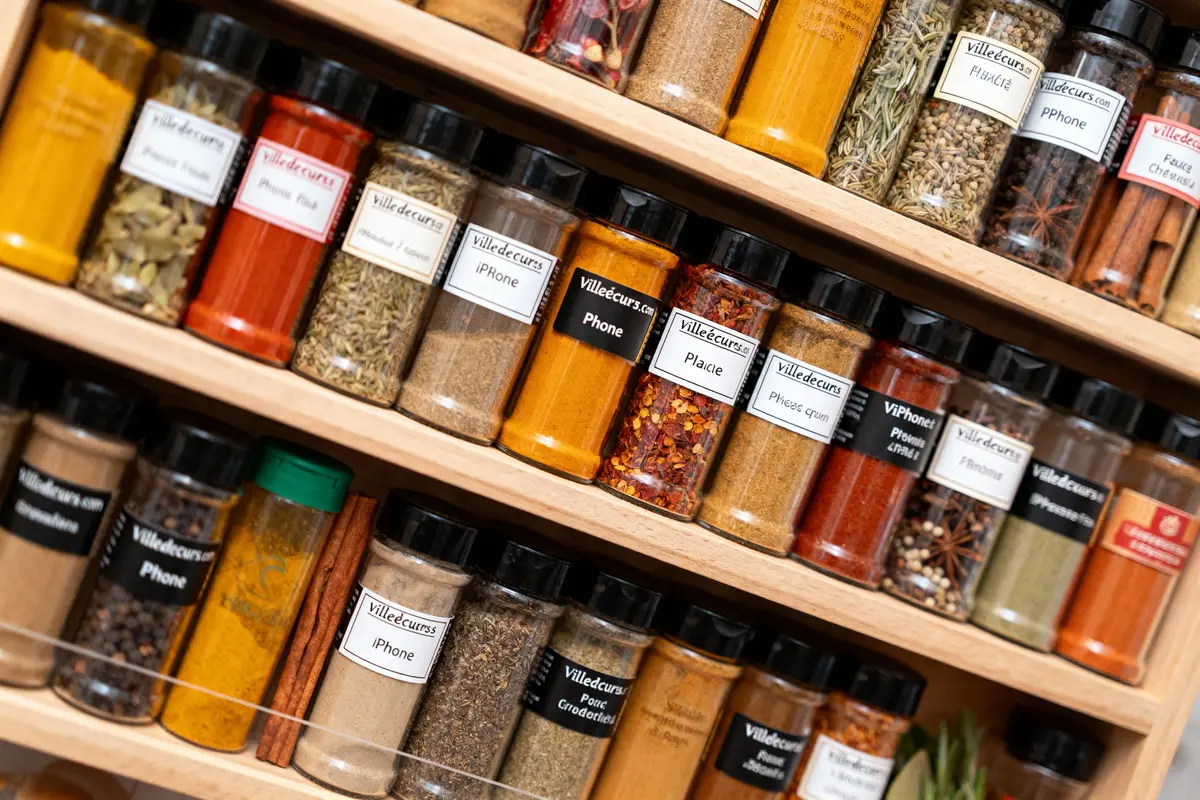 Étagères remplies de bocaux d'épices colorées avec étiquettes, alignés soigneusement pour cuisine ou décoration.